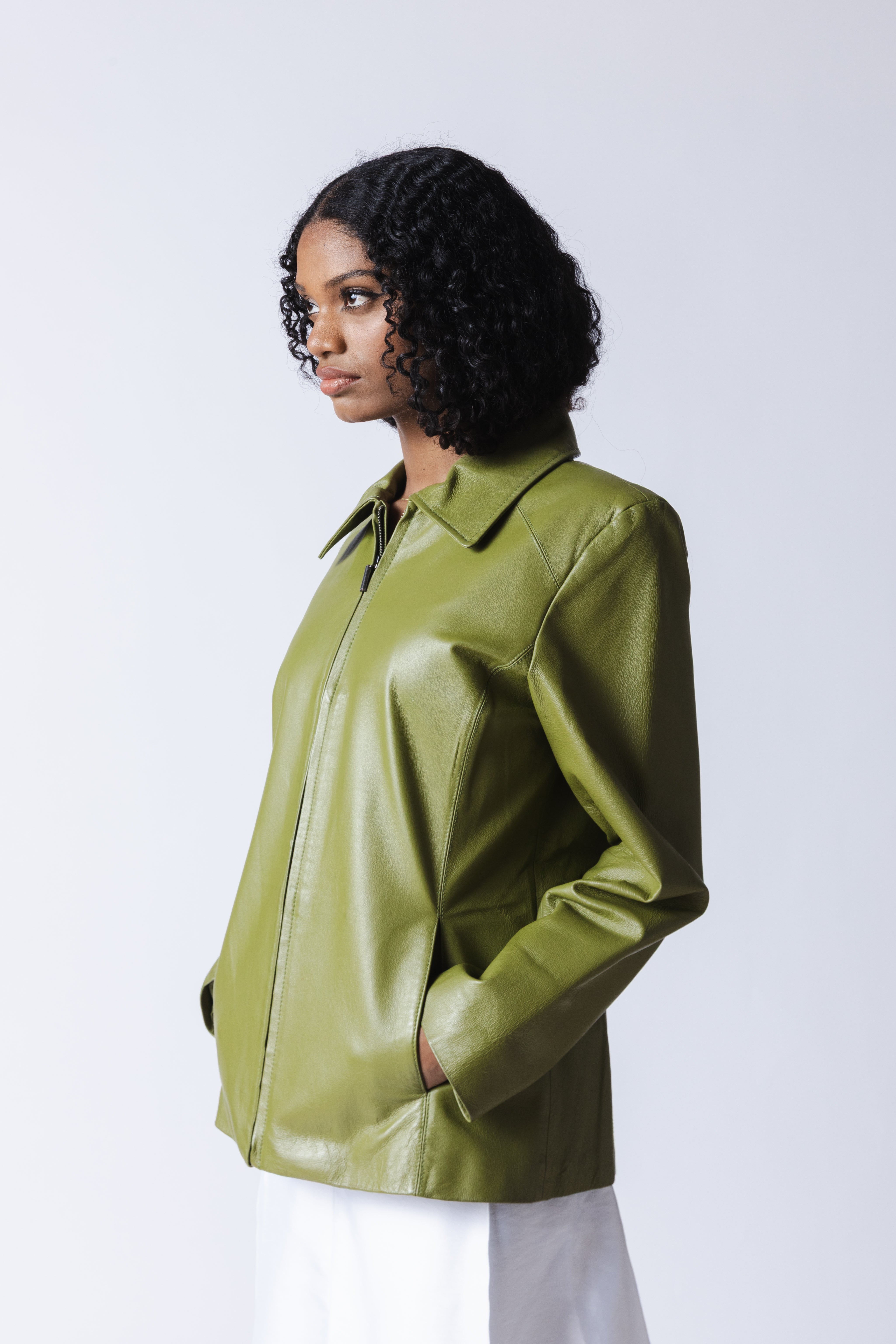 Verdant Field Collared Leather Jacket