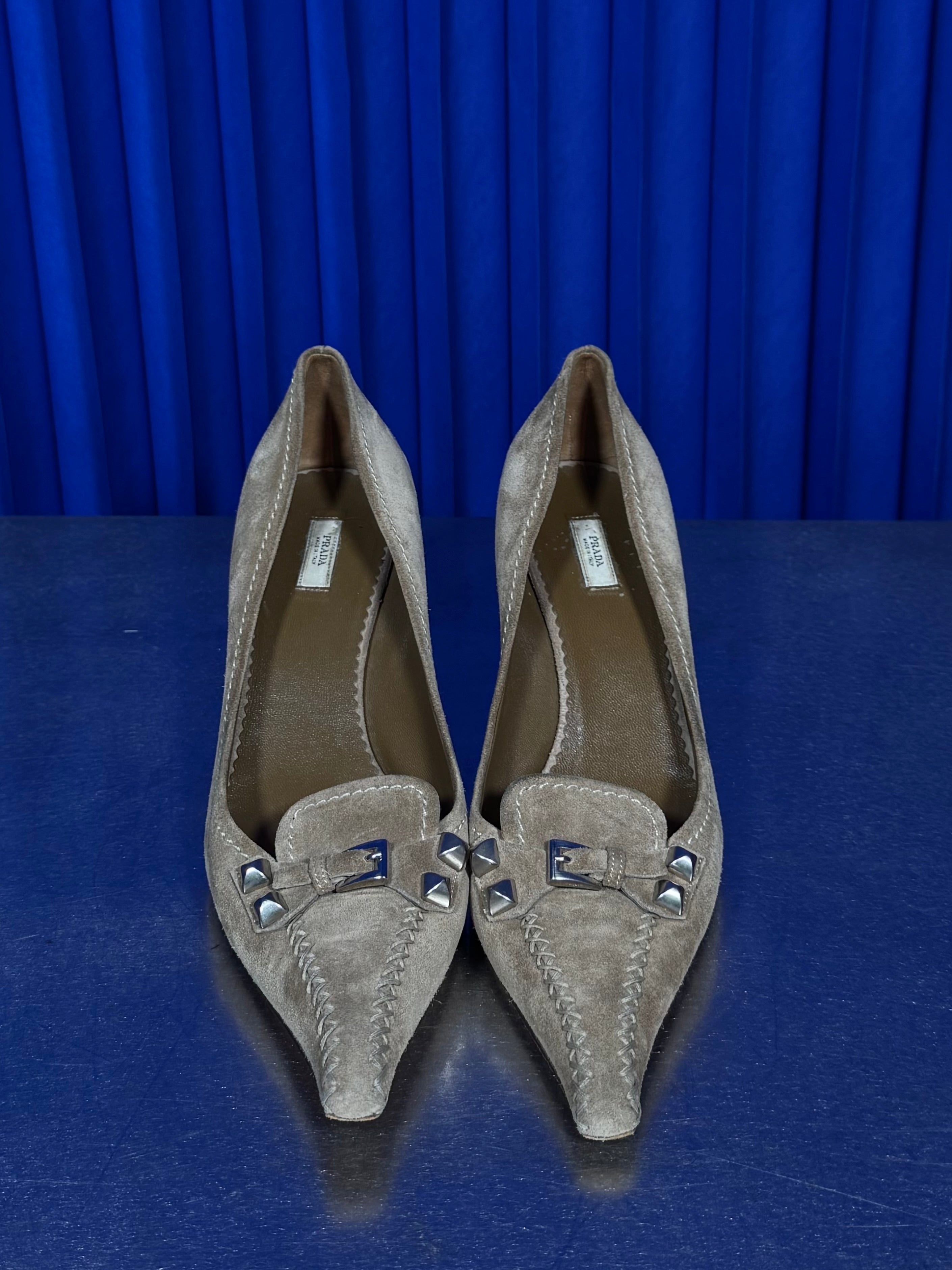 PRADA SUEDE STUDDED HEELS