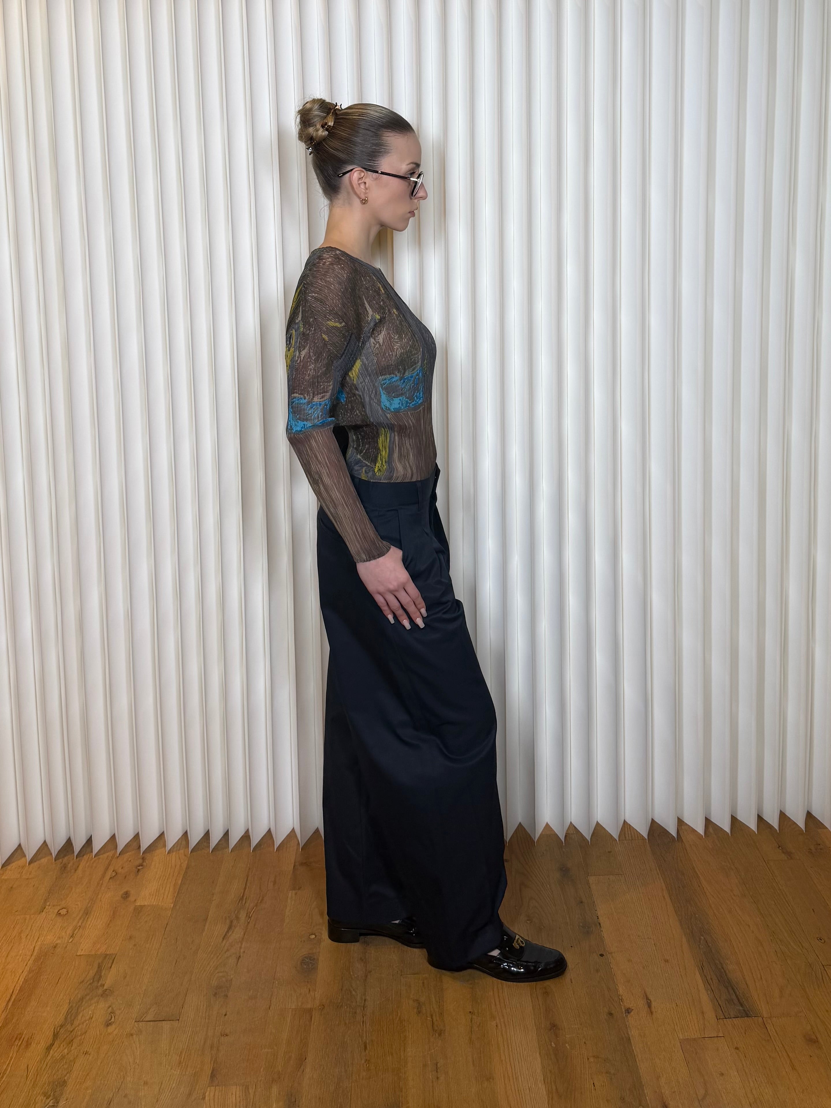 Free Market Fleur Navy Pleated Wide Pants