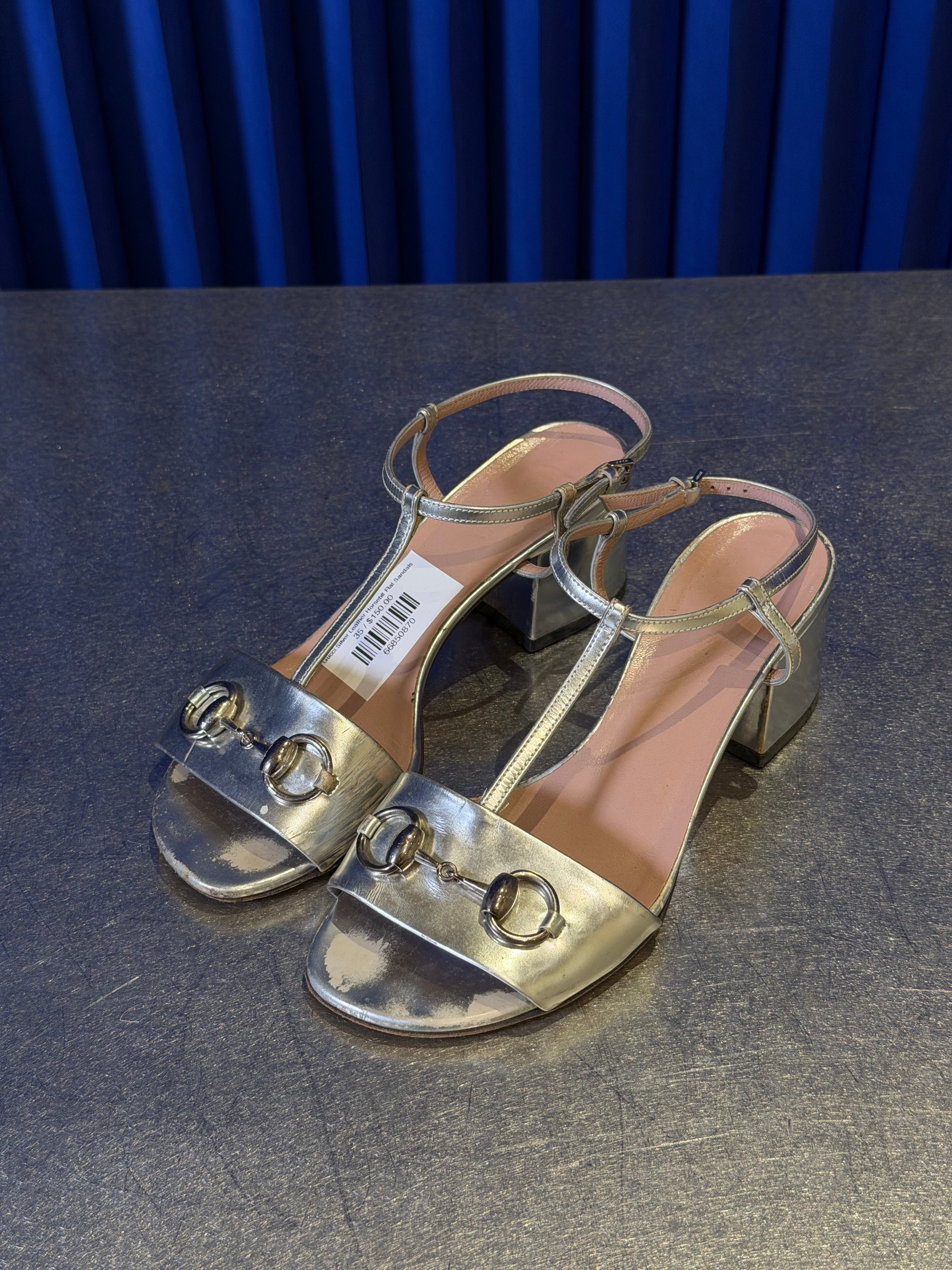 Gucci Silver Leather Horsebit Flat Sandals