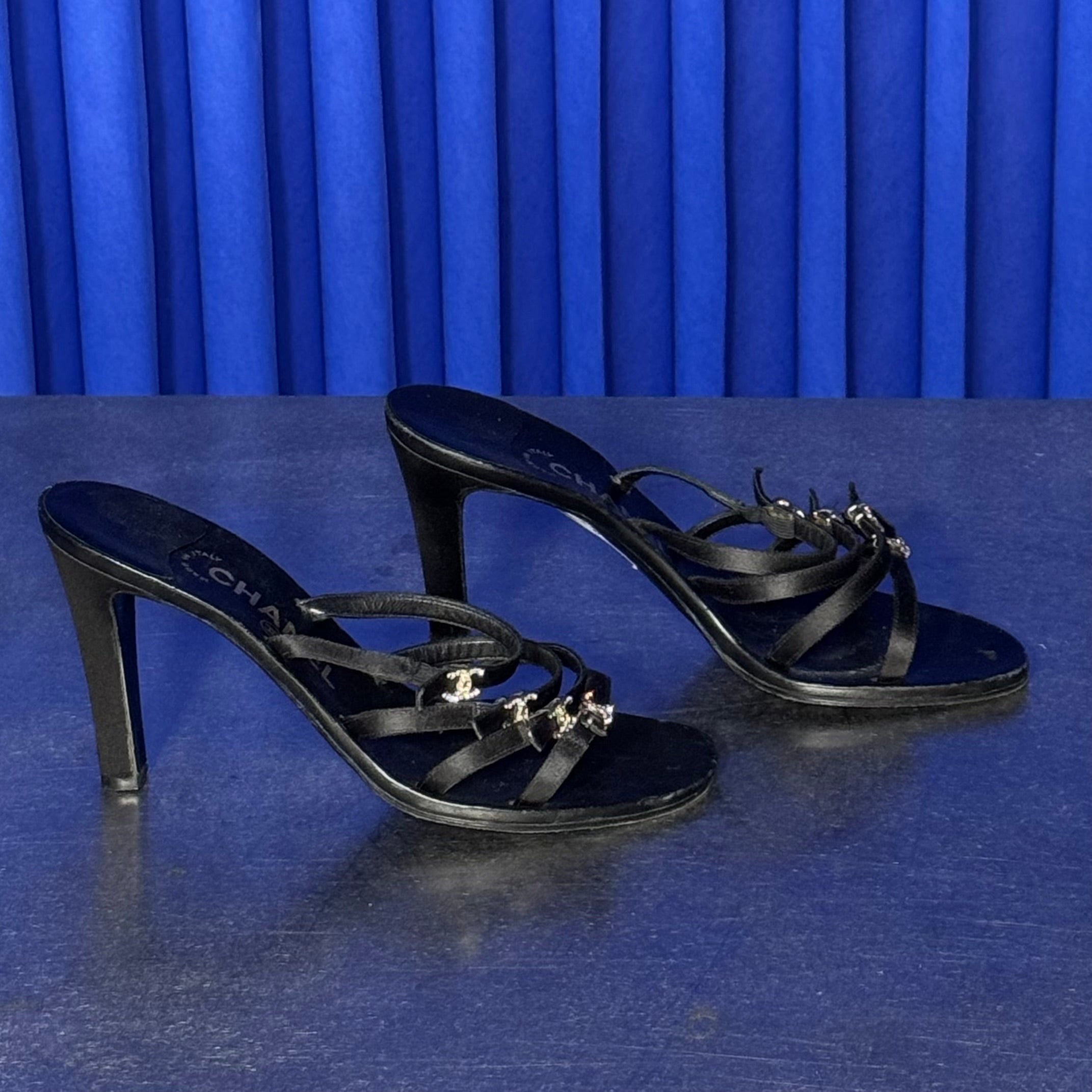 CHANEL SATIN RHINESTONE LOGO HEELS