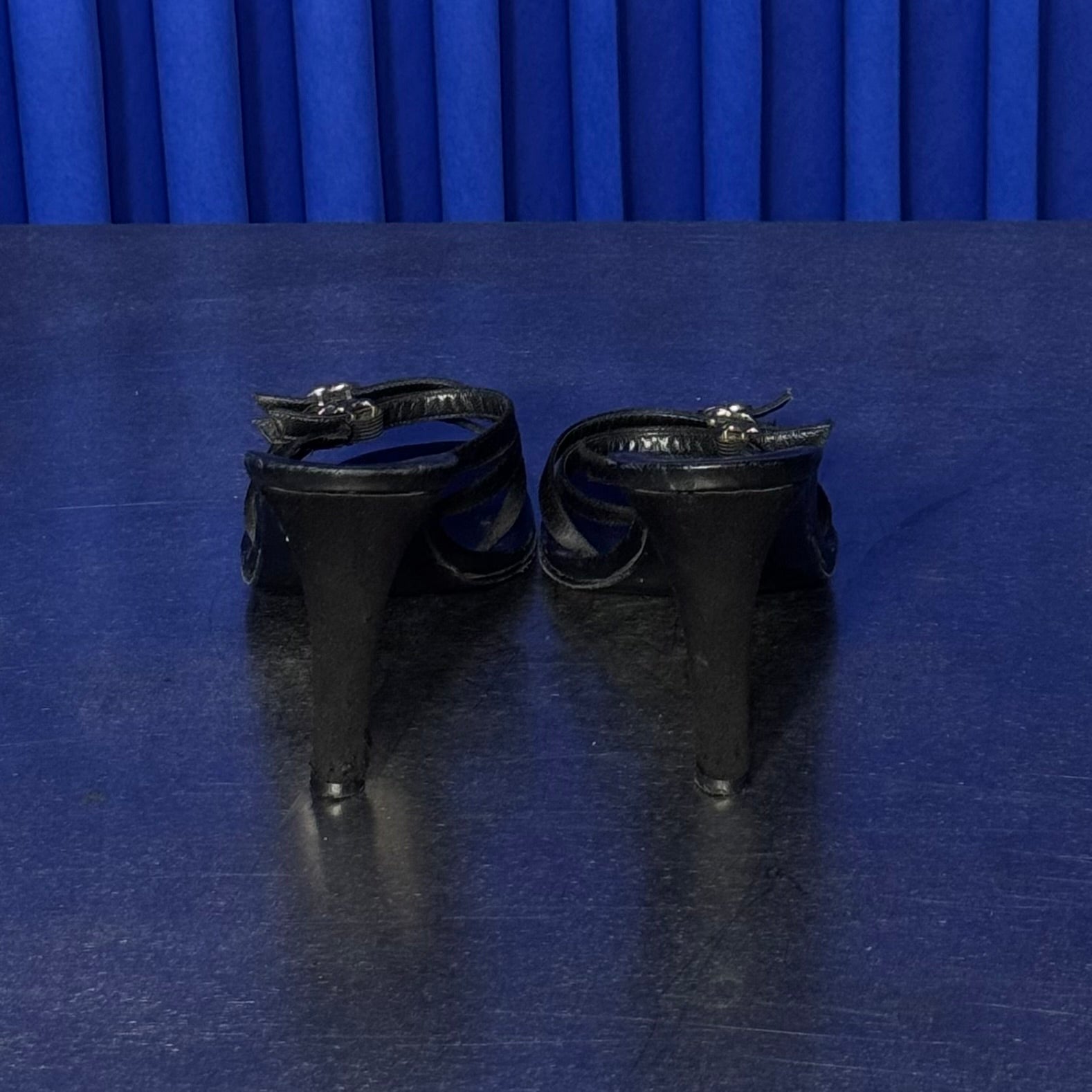 CHANEL SATIN RHINESTONE LOGO HEELS