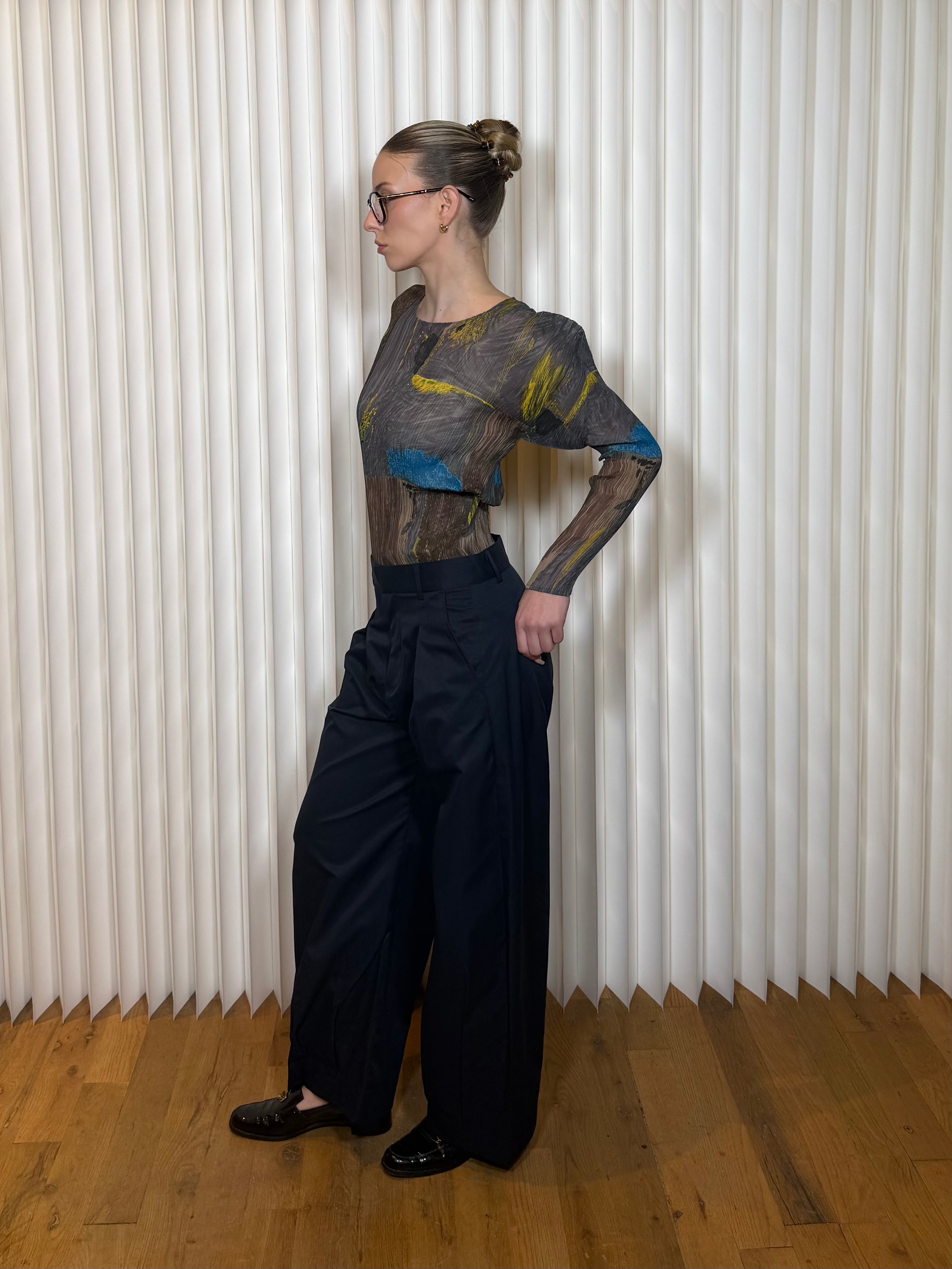 Free Market Fleur Navy Pleated Wide Pants
