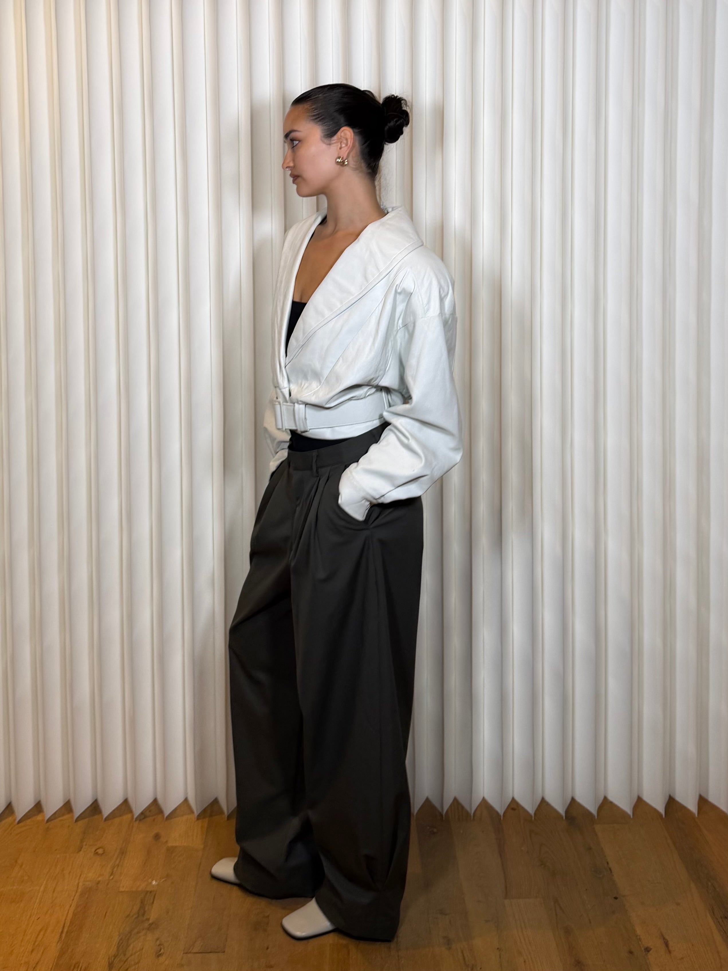 Ujena Leathers White Belted Jacket