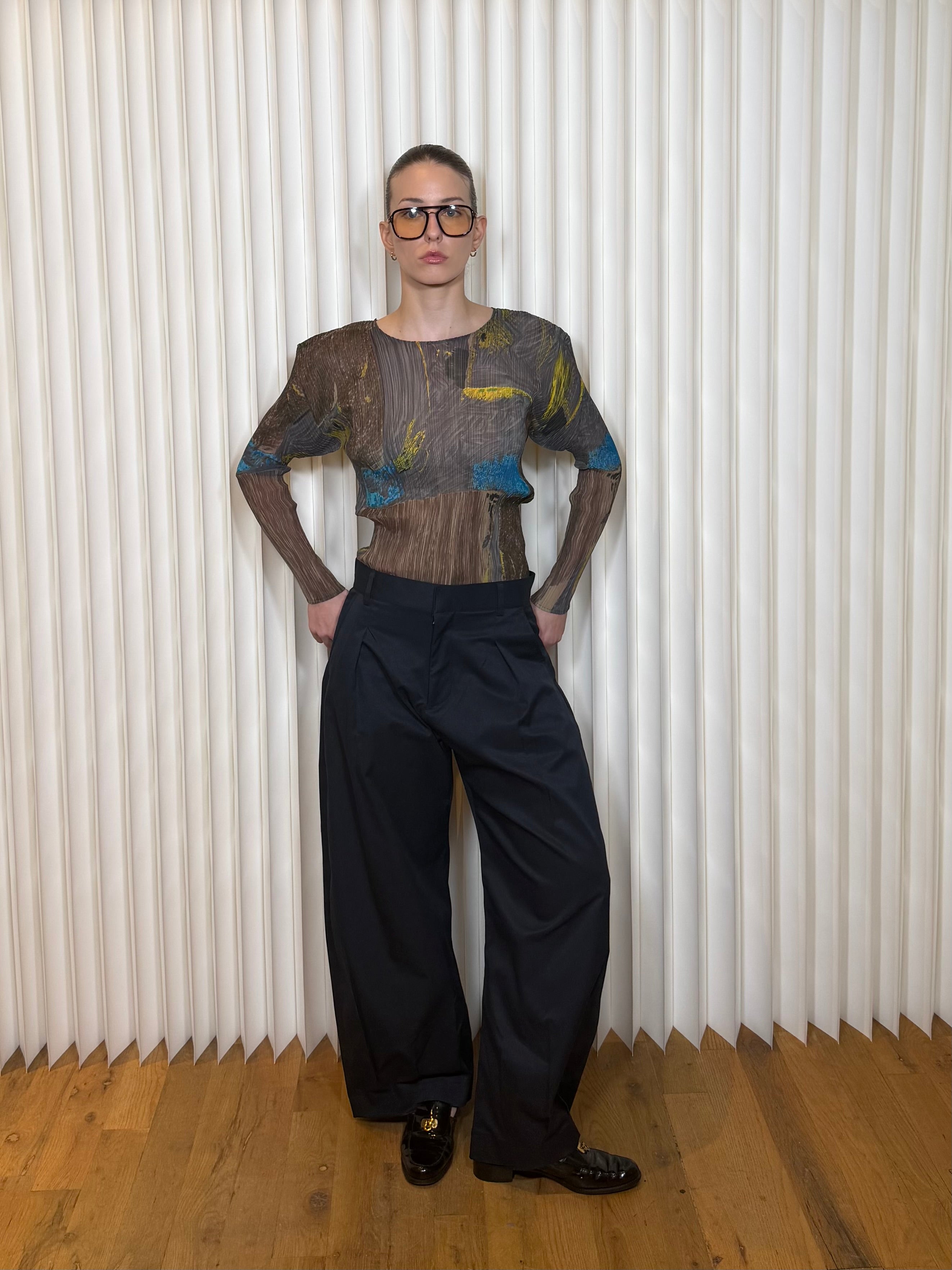 Free Market Fleur Navy Pleated Wide Pants