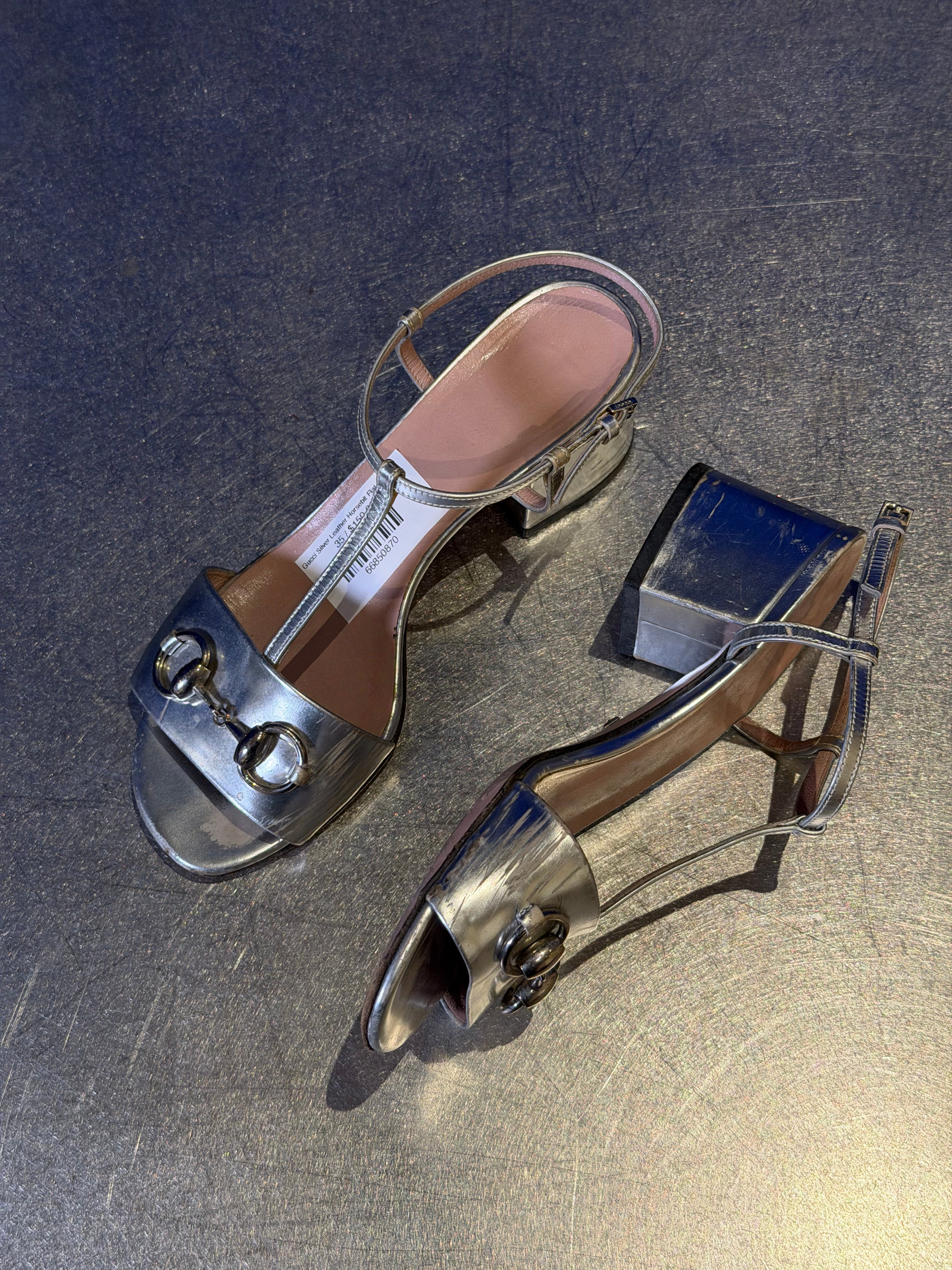 Gucci Silver Leather Horsebit Flat Sandals