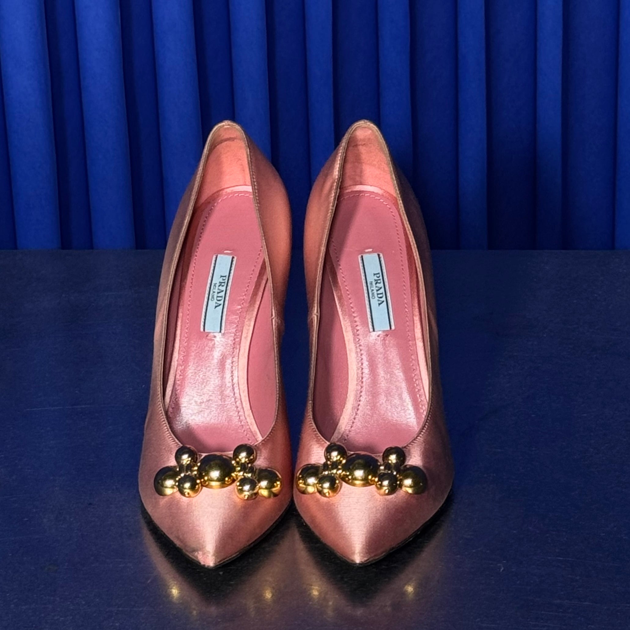 PRADA SATIN STUDDED PUMPS