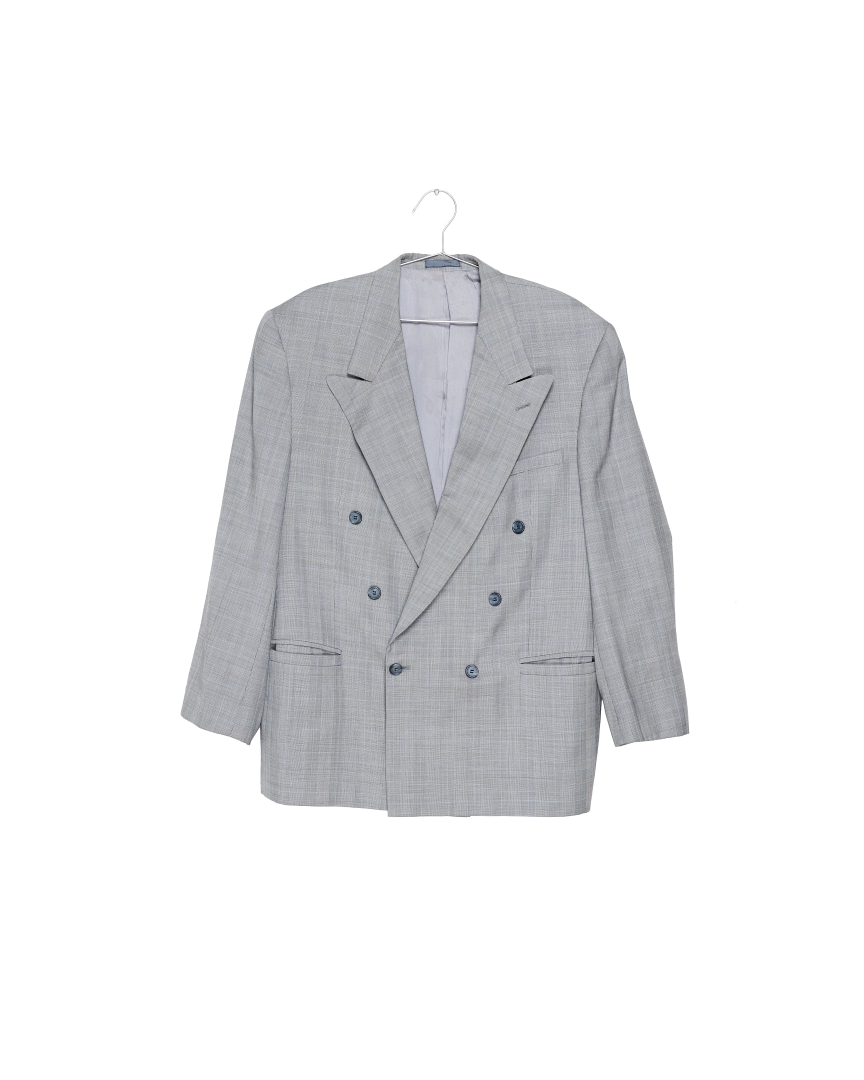 Grey Windowpane Check Double-Breasted Blazer