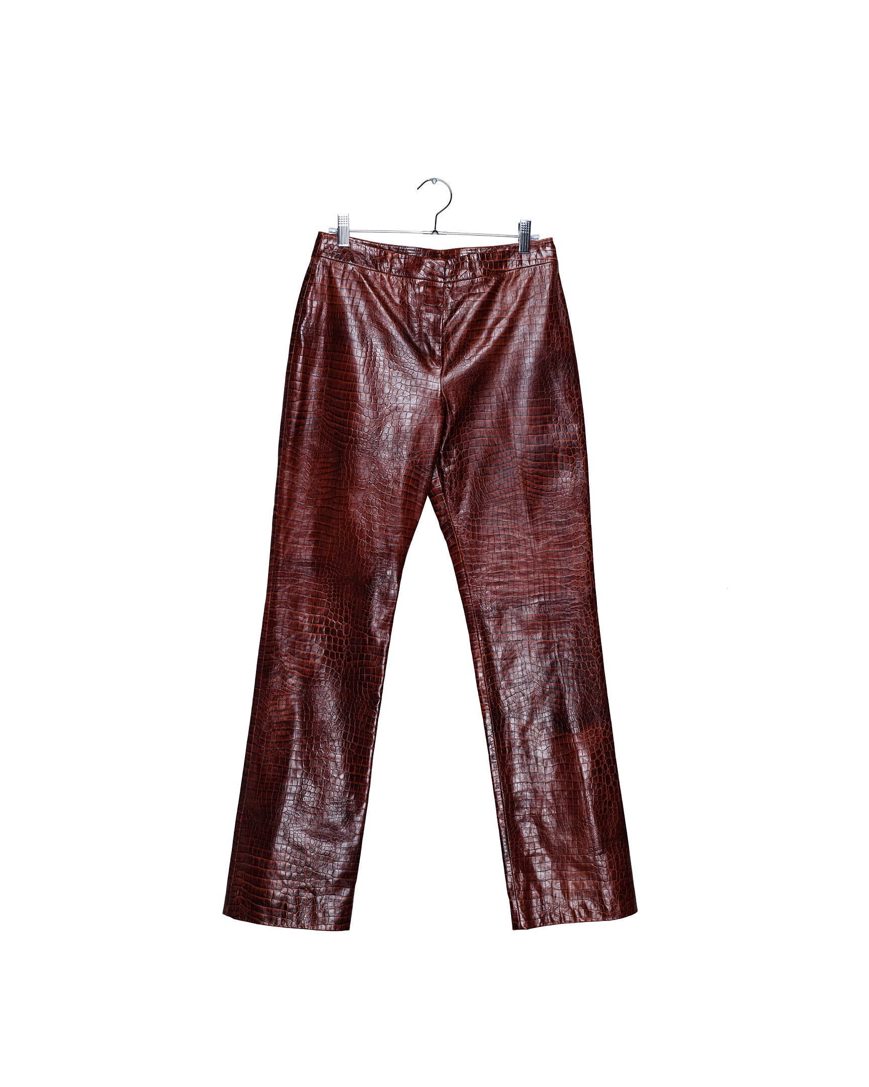 Mahogany Crocodile Embossed Leather Trousers