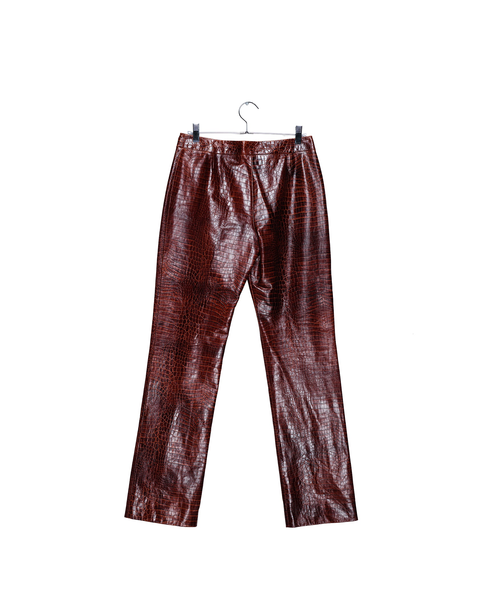Mahogany Crocodile Embossed Leather Trousers