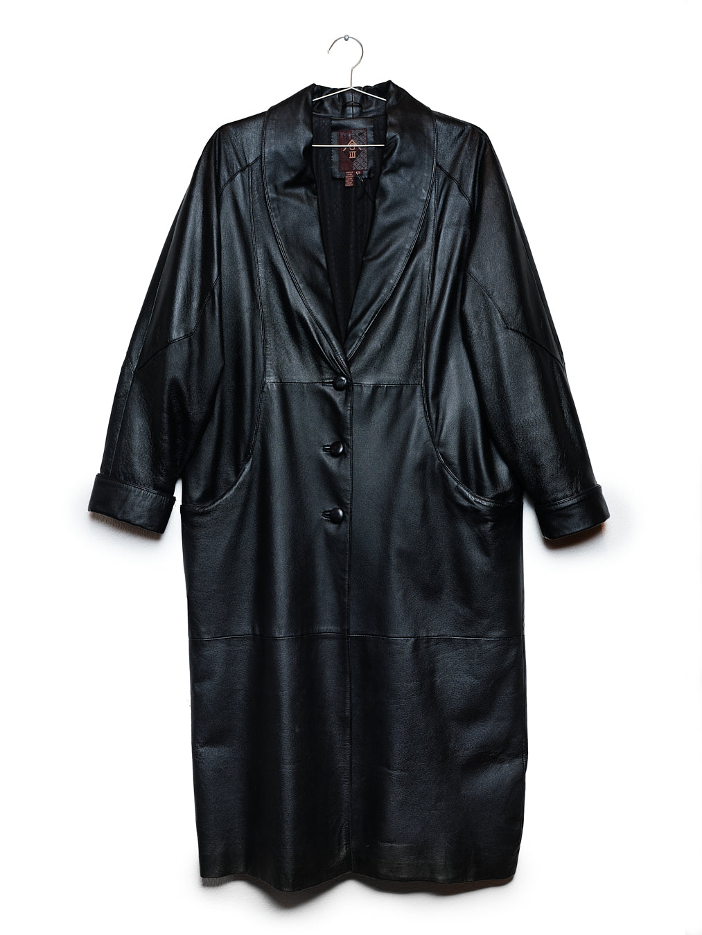 Black Leather Belted Trench Coat with Cuff Sleeves