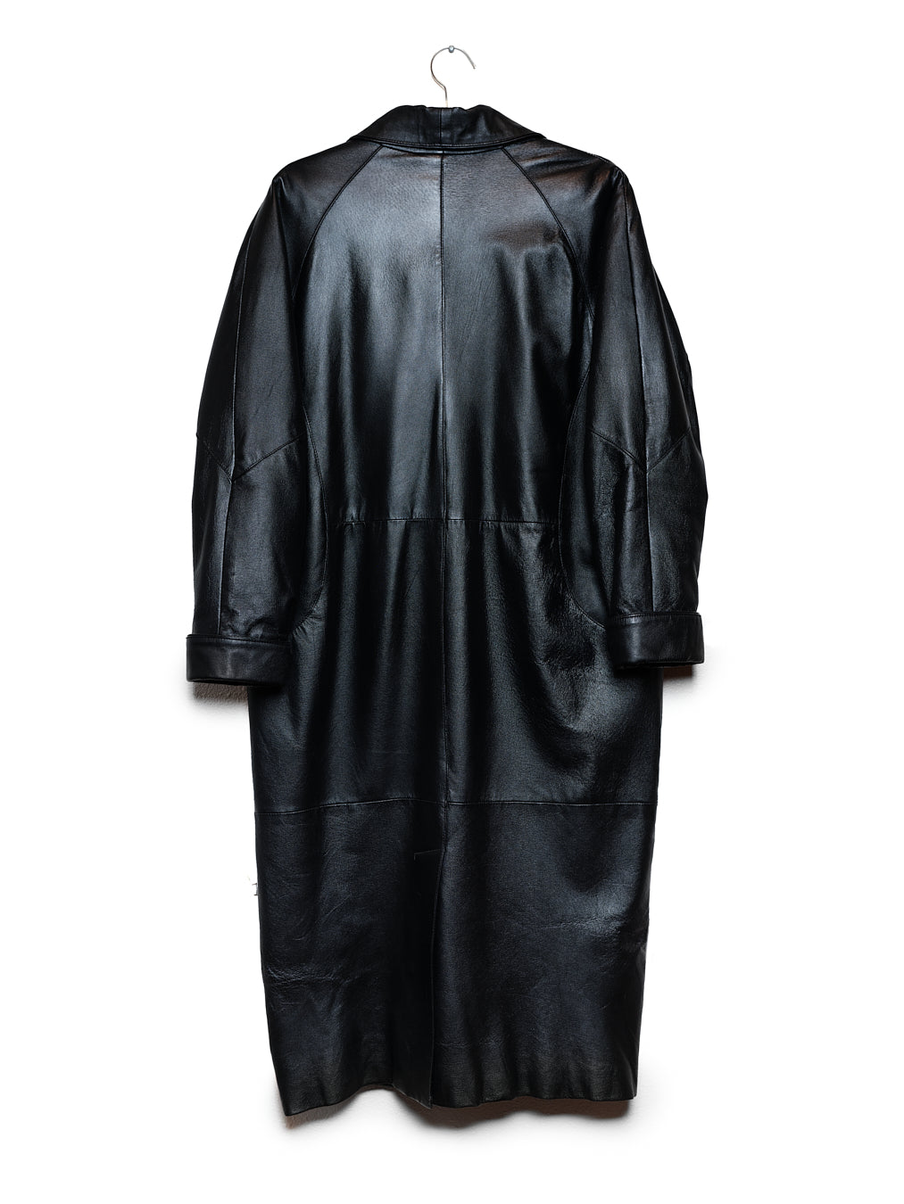 Black Leather Belted Trench Coat with Cuff Sleeves