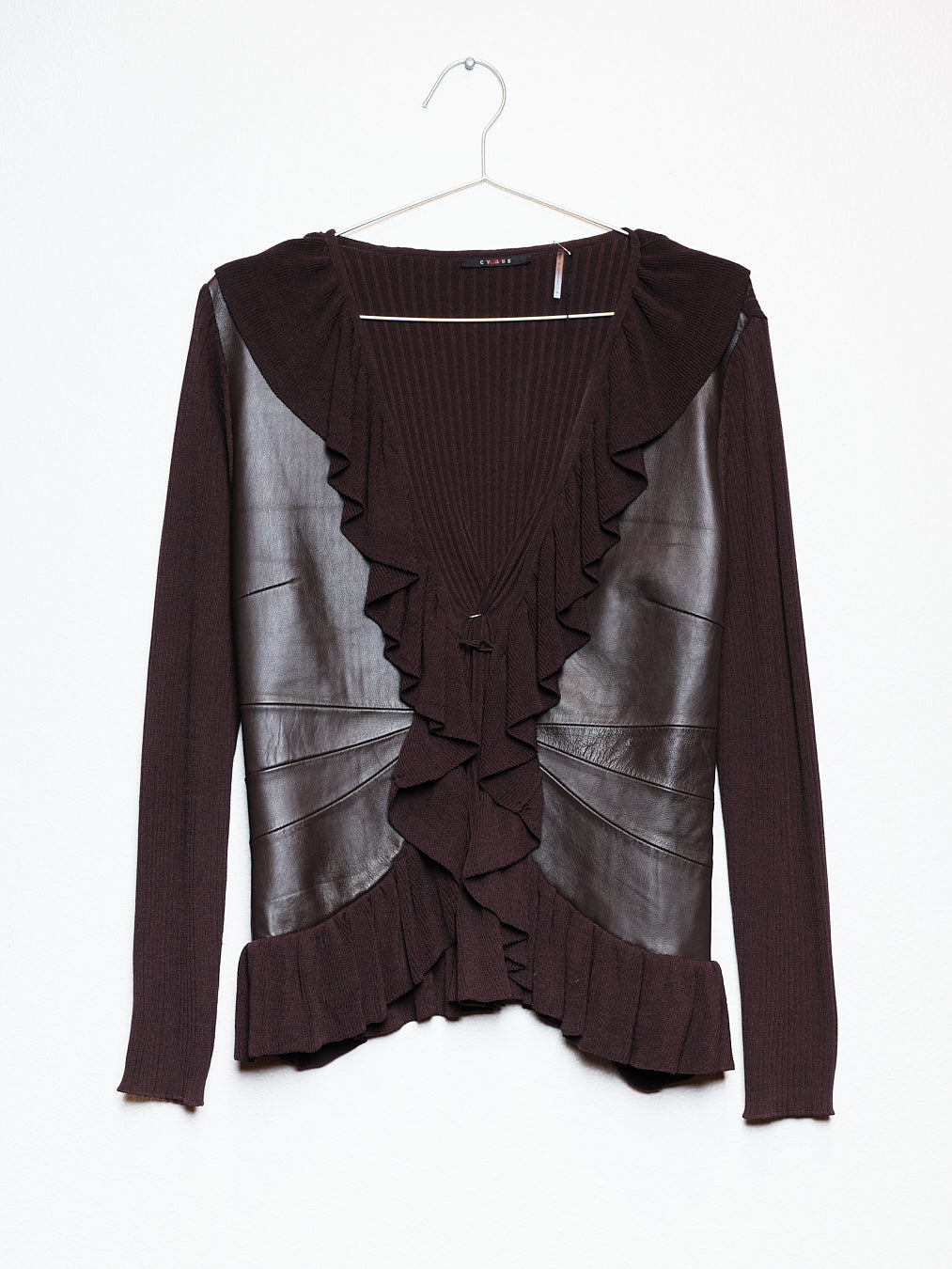 Brown Ruffle Leather Cardigan