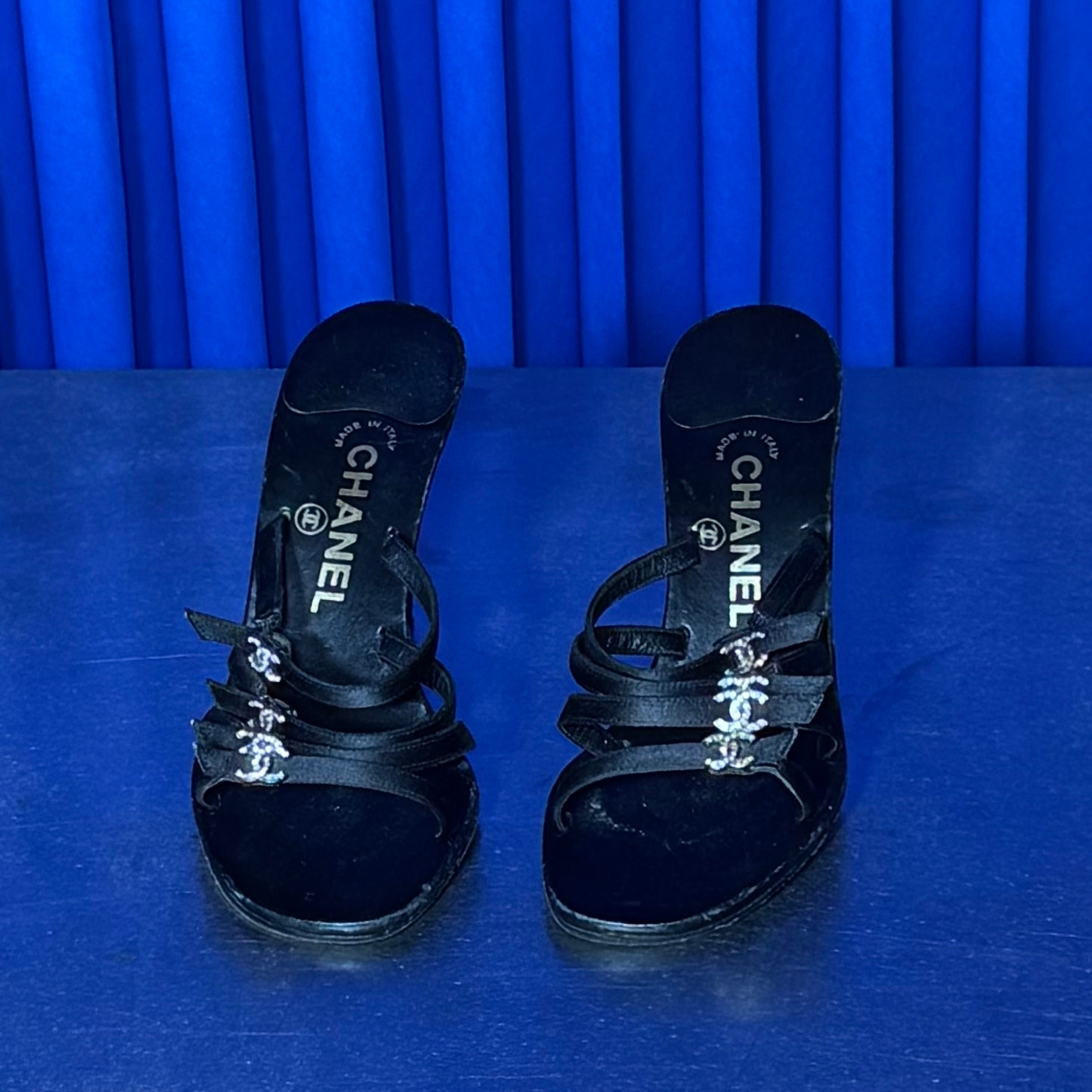 CHANEL SATIN RHINESTONE LOGO HEELS