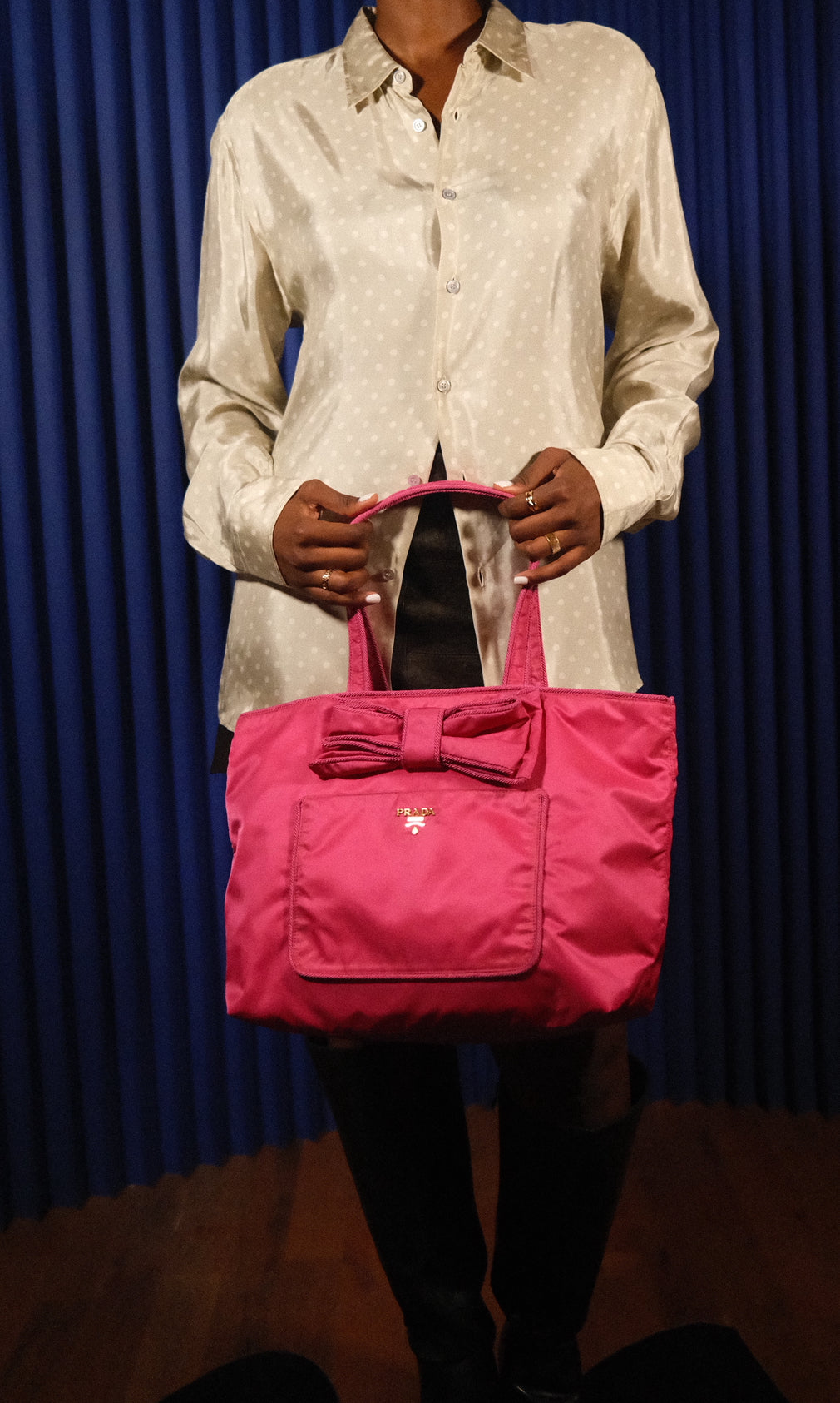 PRADA NYLON BOW TOTE HANDBAG