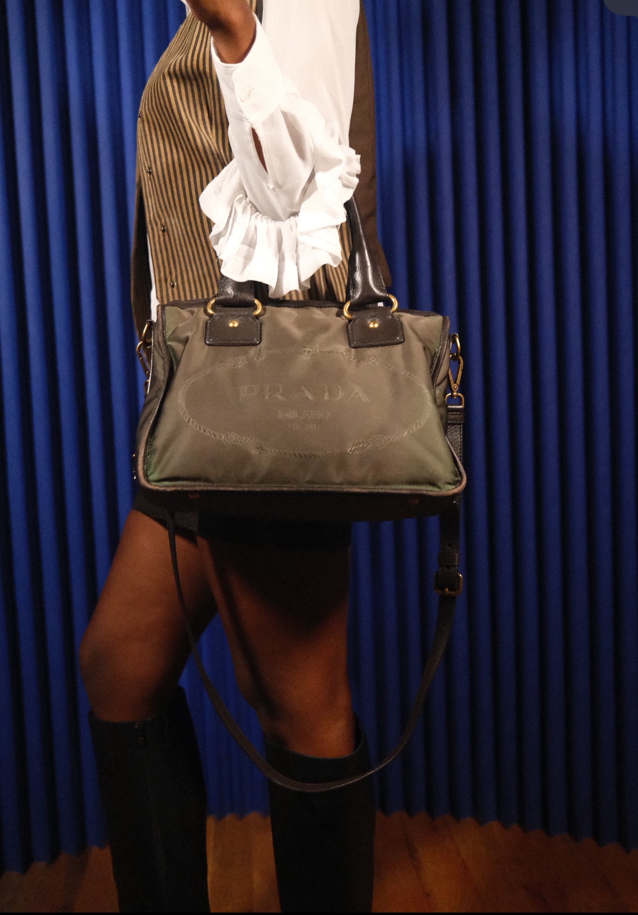 PRADA JACQUARD BAULETTO EBANO NYLON SHOULDER BAG